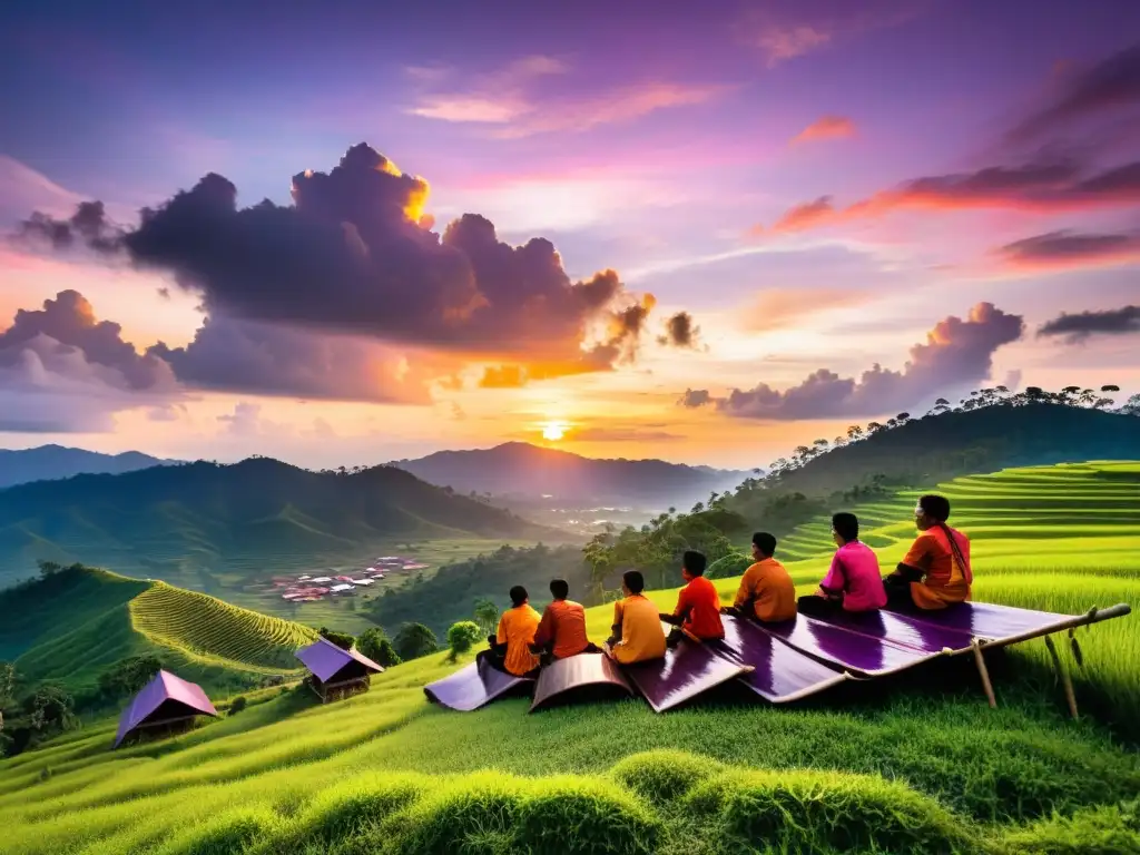 Un atardecer impresionante sobre las colinas verdes de Malasia, con una casa tradicional entre los árboles