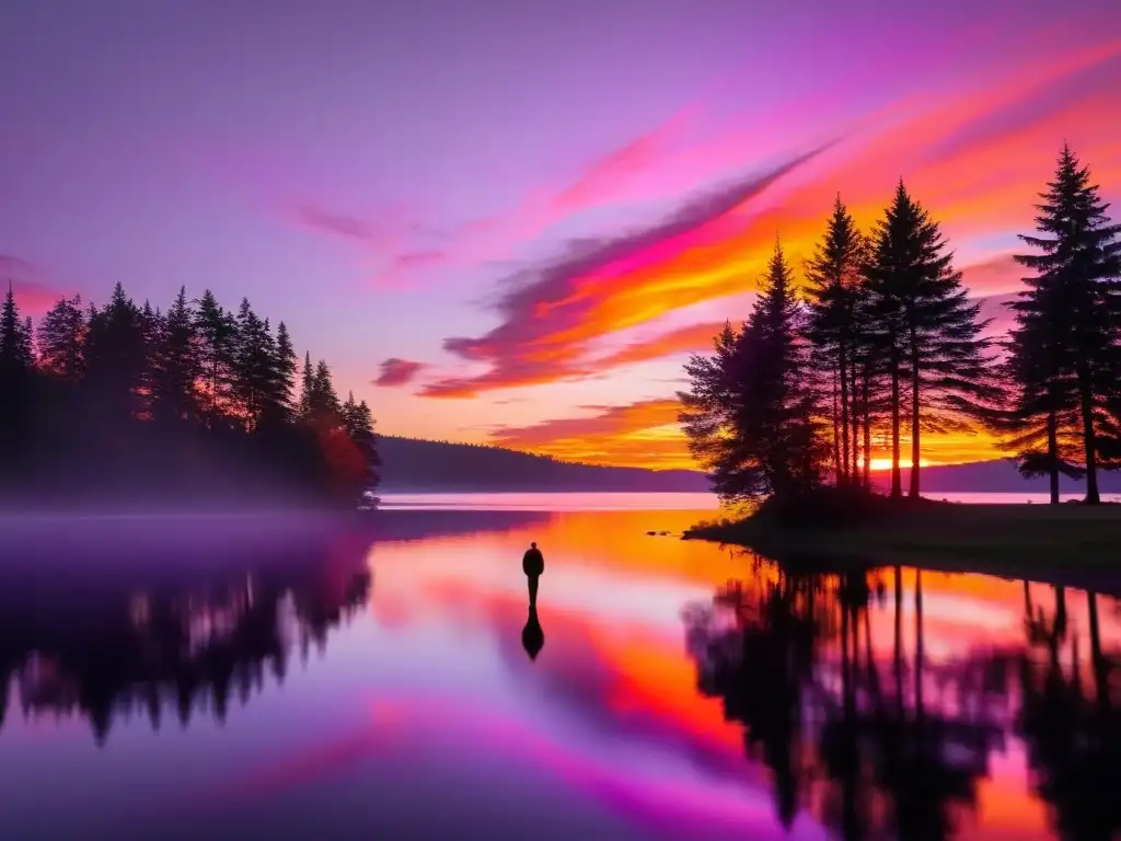 Un atardecer impresionante sobre un lago tranquilo, con tonos naranjas, rosas y morados reflejados en el agua