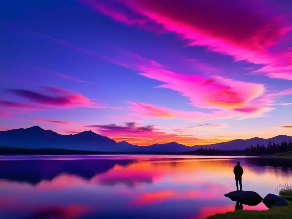 Un atardecer impresionante sobre un lago tranquilo, con tonos vibrantes de rosa, naranja y morado reflejándose en el agua