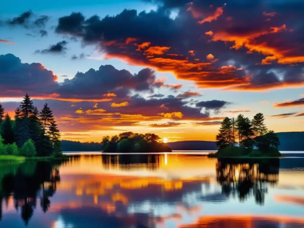 Un atardecer multicolor sobre un lago tranquilo, reflejando el cielo en el agua