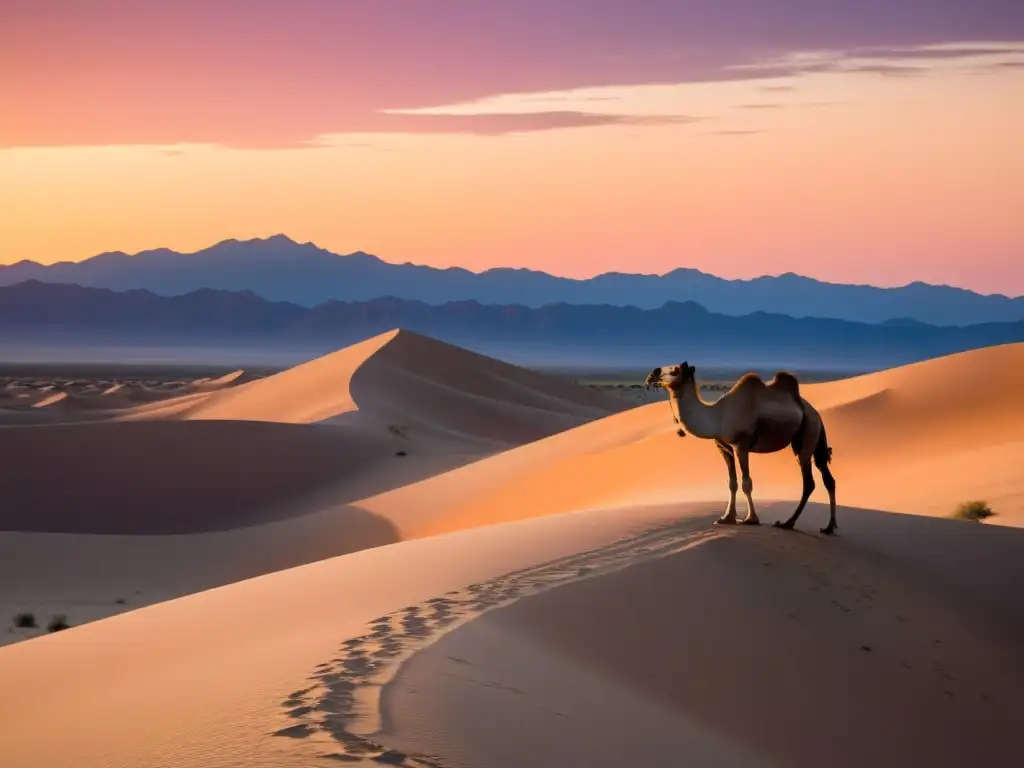 Un atardecer sereno en el desierto, con las últimas luces del sol bañando las dunas de arena