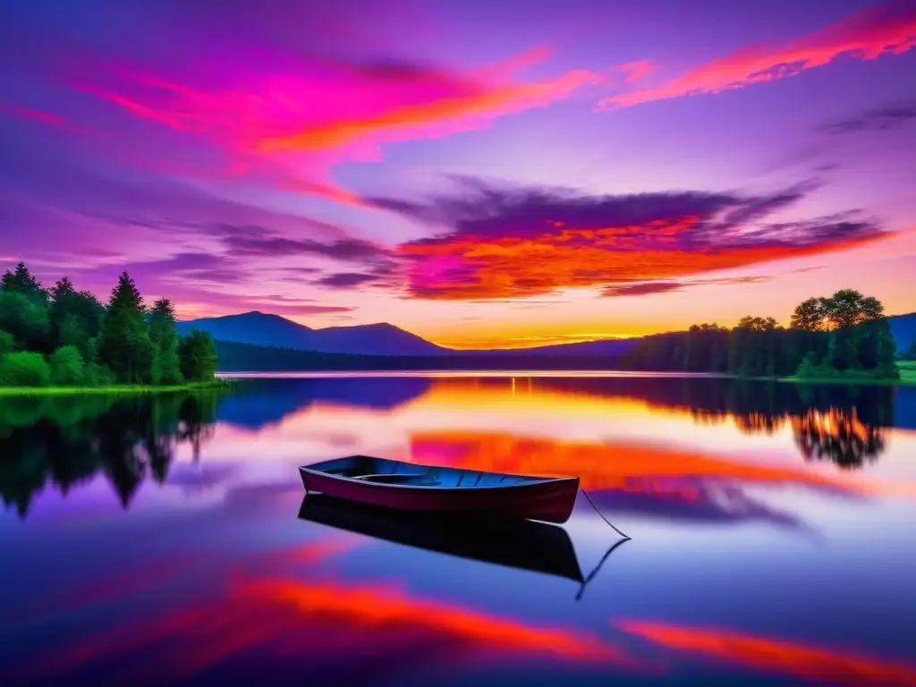 Un atardecer vibrante sobre un lago tranquilo, reflejando colores sorprendentes