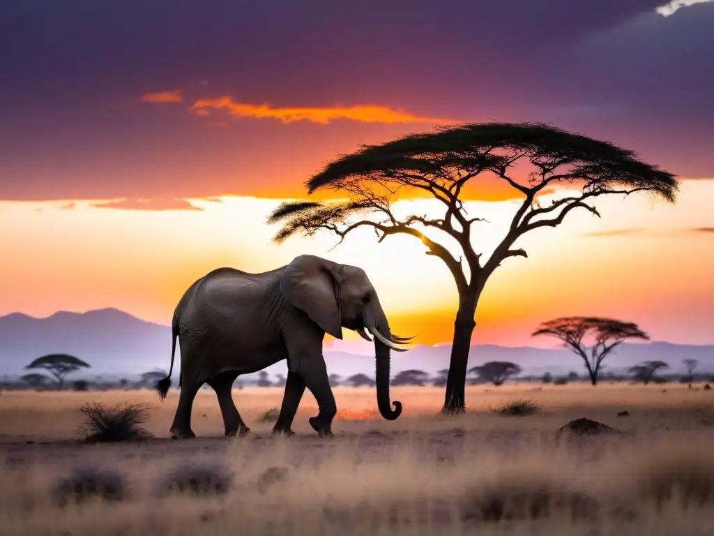 Un atardecer vibrante sobre la sabana africana, con acacias y vida silvestre