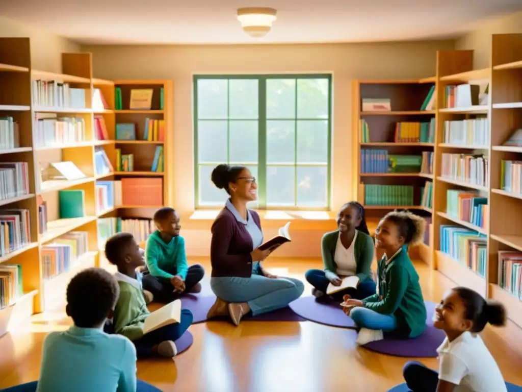 Una aula acogedora con estudiantes y estanterías llenas de libros de poesía