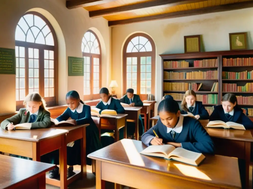 Un aula antigua llena de luz solar, estudiantes atentos y un maestro recitando poesía