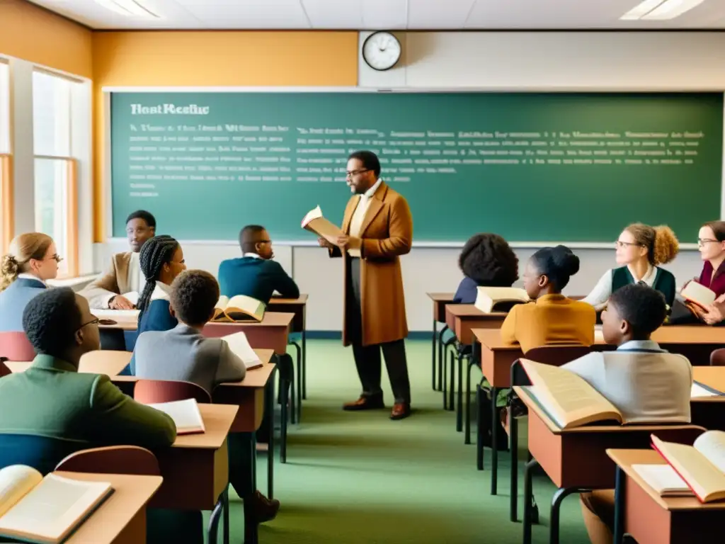 Un aula cálida y acogedora donde el maestro enseña eventos históricos a través de la poesía, con estudiantes inmersos en la lectura y la discusión