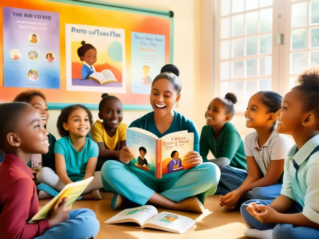 Un aula iluminada por el sol donde niños diversos se sumergen en la poesía, reflejando la importancia de la poesía en la educación