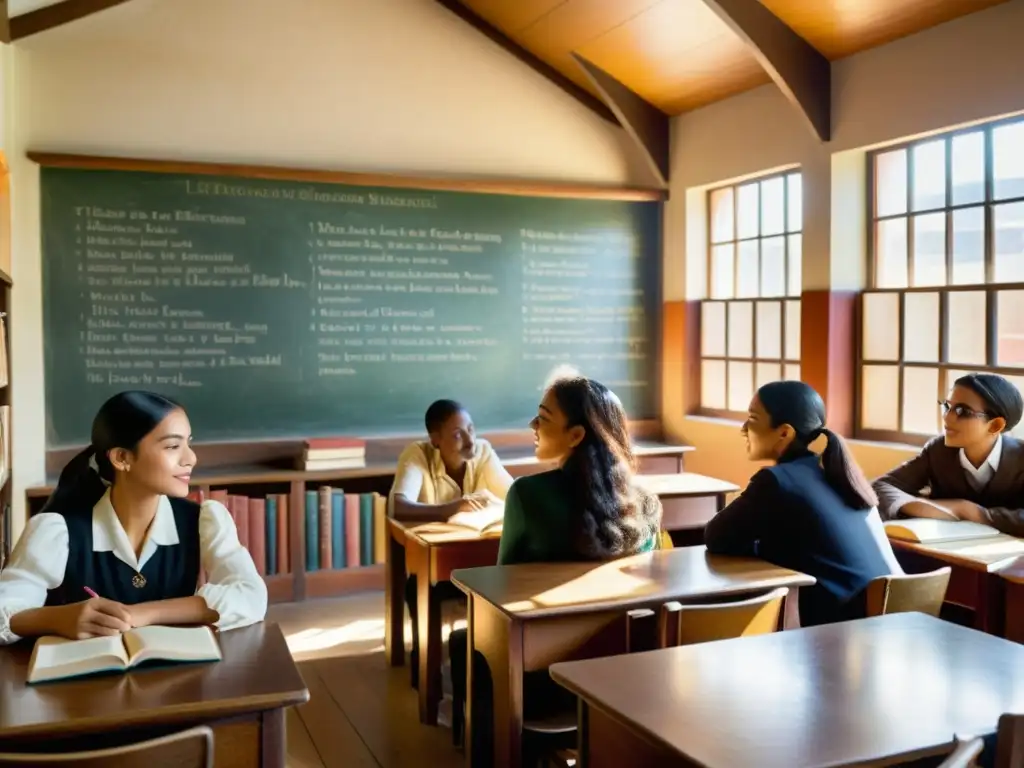 Salón de Clases Vintage: Diálogo Poético y Cultural En una aula vintage, estudiantes disfrutan de diálogos poéticos transatlánticos educativos