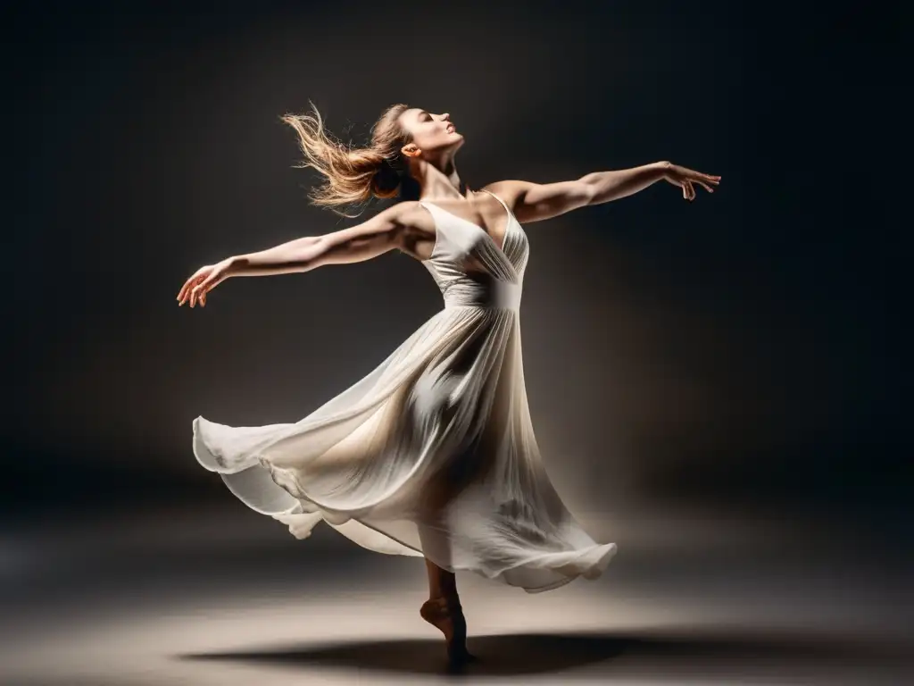 Una bailarina en un vestido blanco etéreo, saltando con gracia en un ambiente de ensueño