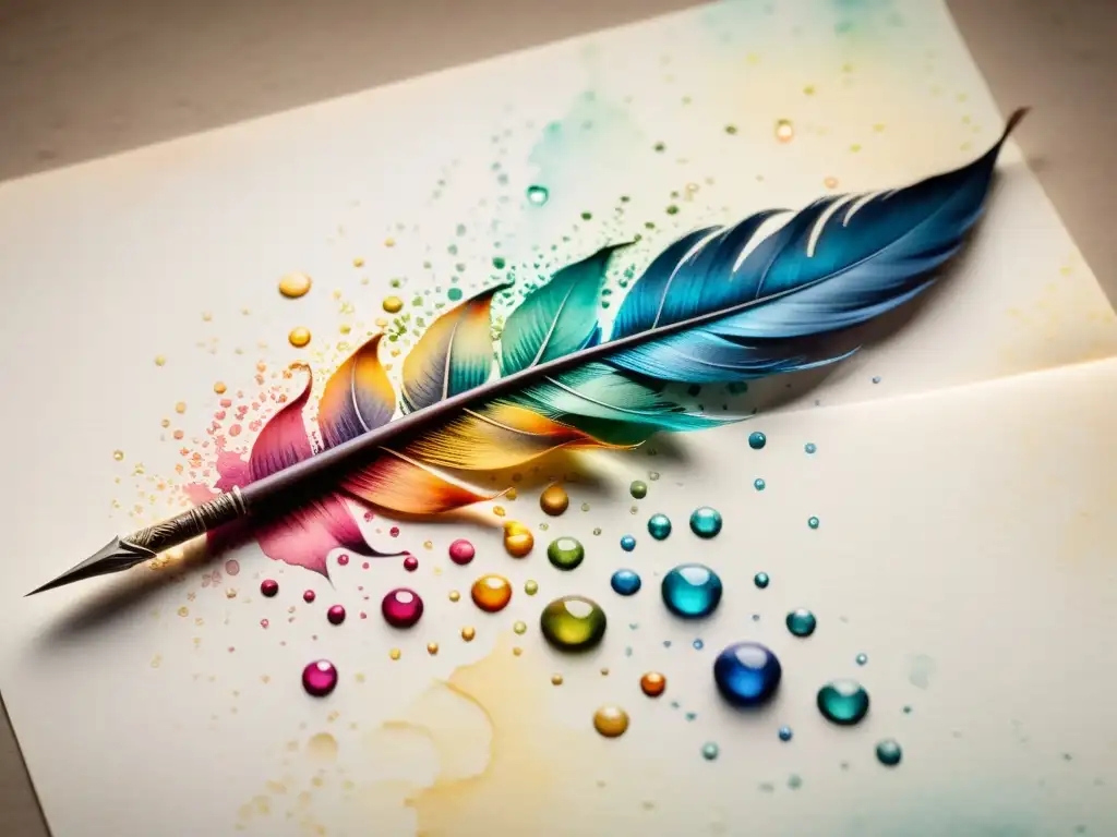 Una bella pintura acuarela de una pluma delicada sobre papel texturizado, con gotas de tinta vibrantes creando patrones intrincados