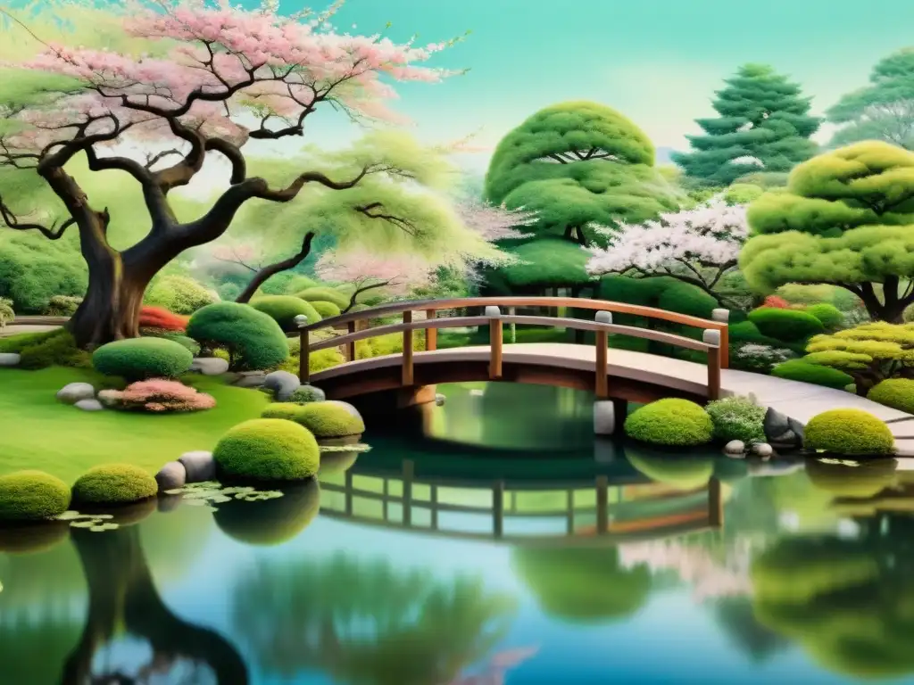 Un bello jardín japonés con puente de madera sobre un estanque, rodeado de exuberante vegetación y delicados cerezos en flor