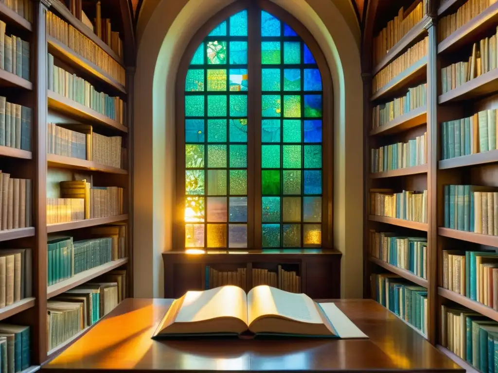 Una biblioteca antigua llena de libros de poesía, iluminada por luz dorada a través de vitrales, con páginas delicadas y calligrafía elegante