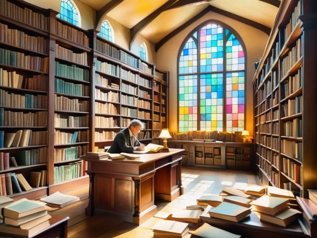 Una biblioteca antigua llena de libros, un poeta crea poesía condensada emociones arte