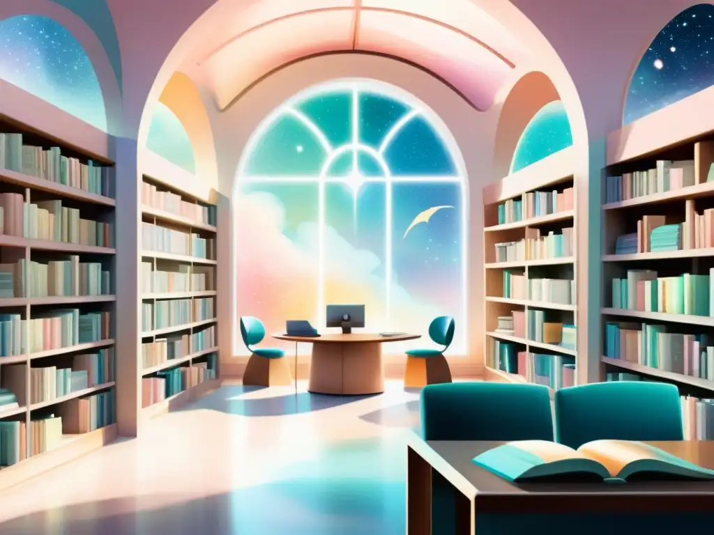 Una biblioteca futurista con estudiantes y escritores colaborando creativamente, iluminada por luz natural