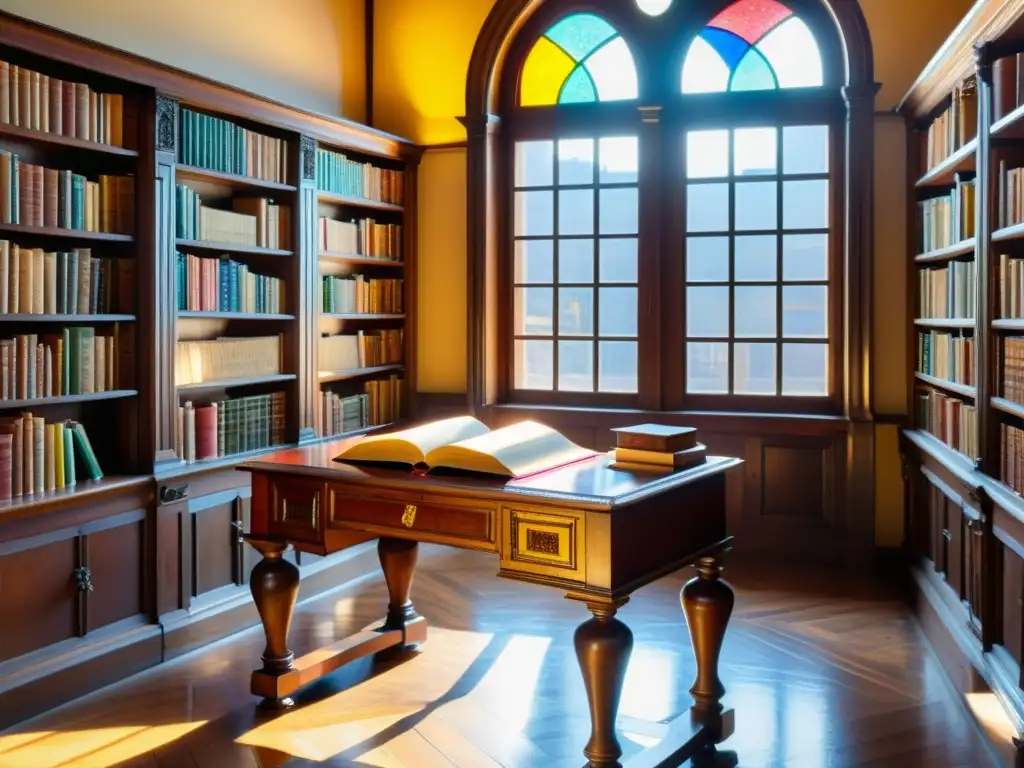 Una biblioteca italiana antigua con muebles ornamentados, libros antiguos y luz suave a través de vitrales, evocando la poesía italiana del siglo XIX