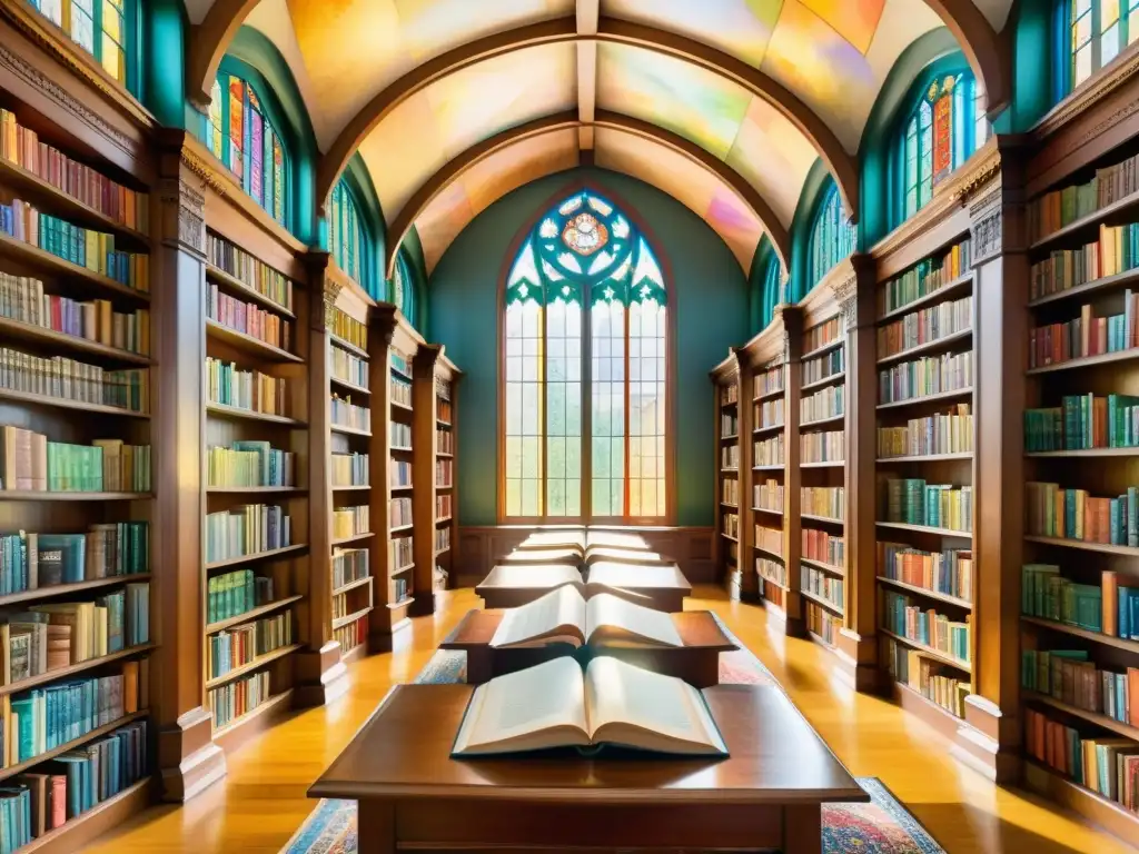 Una biblioteca majestuosa llena de libros de poesía de diferentes épocas, con luz solar que ilumina los rincones acogedores