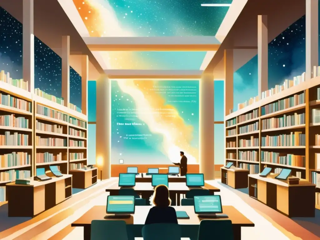 Una biblioteca moderna llena de libros, pantallas de datos y versos de poesía