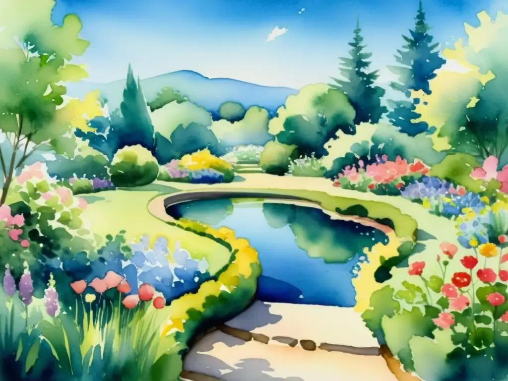 Crear blog poético personalizado: Pintura acuarela de jardín sereno, con flores vibrantes, estanque y sendero evocando calma y poesía