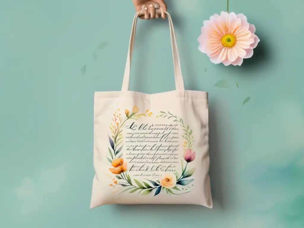 Un bolso con citas poéticas en acuarela, fusionando moda y literatura en tonos suaves y una atmósfera soñadora