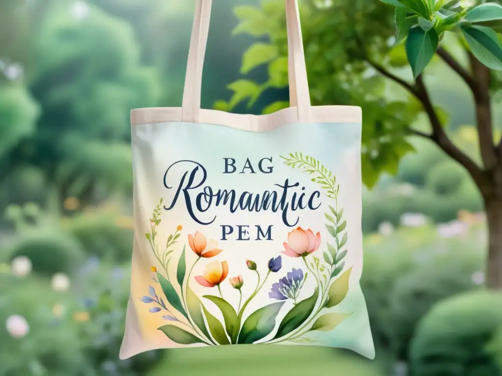 Un bolso con citas poéticas, decorado con delicadas acuarelas y un ambiente romántico y soñador en un jardín sereno