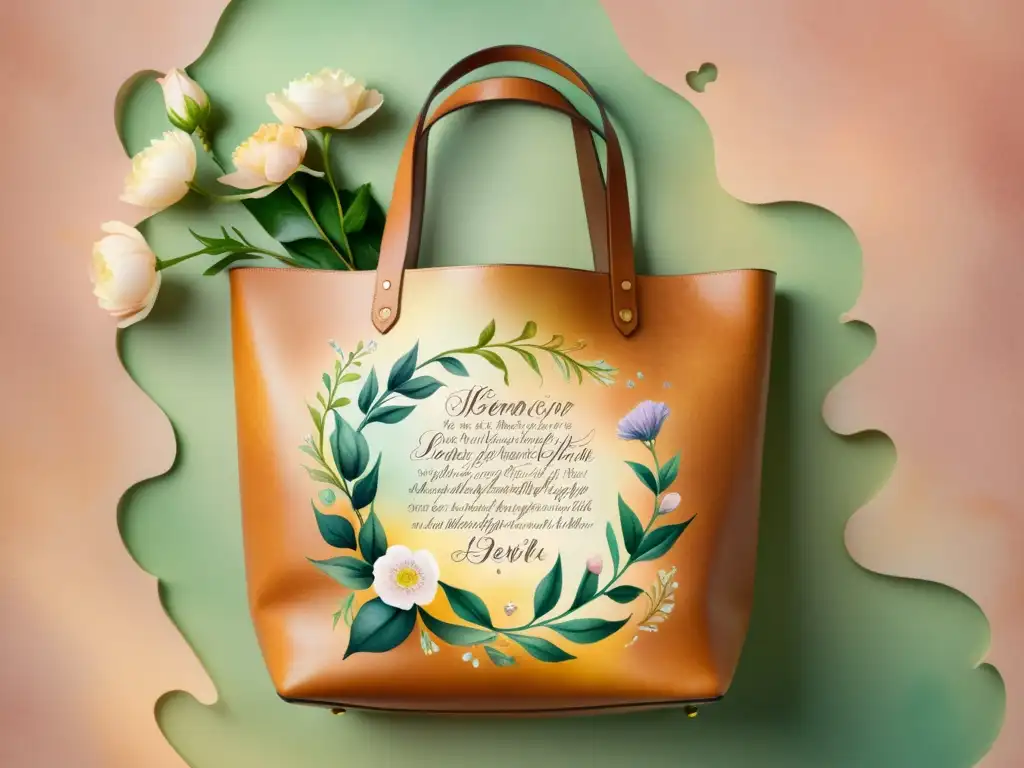 Un bolso de cuero vintage con citas poéticas, rodeado de flores en acuarela y una atmósfera encantadora y romántica