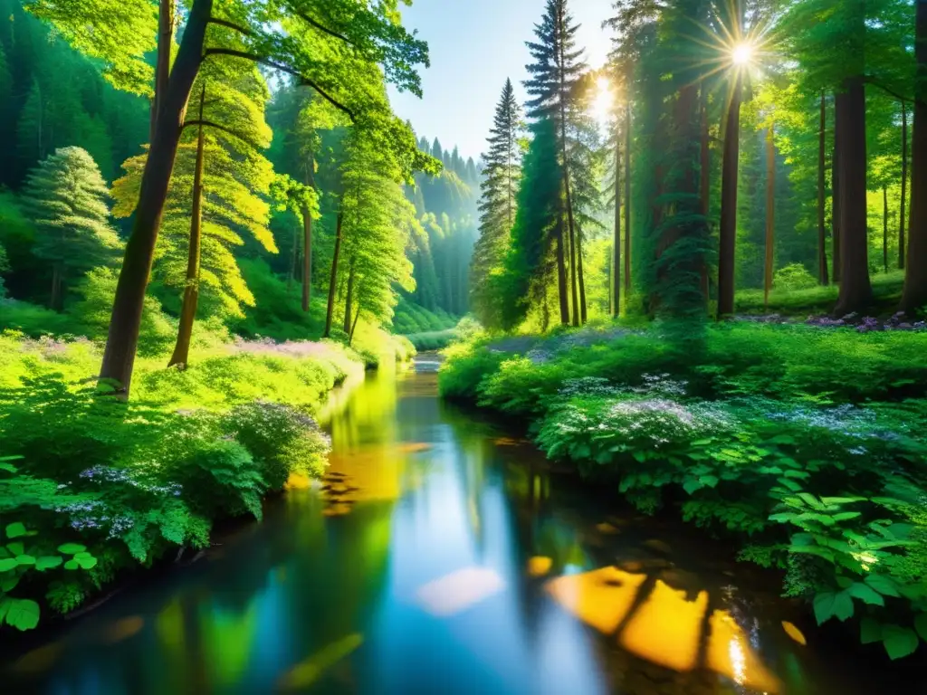 Un bosque exuberante con árboles que se elevan hacia el cielo, creando un dosel denso y verde