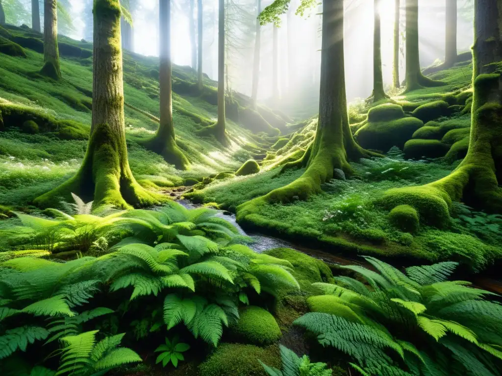 Bosque sereno: detalle ultrarrealista de la naturaleza exuberante Un bosque exuberante con árboles imponentes, rayos de sol entre las hojas y un arroyo serpenteante