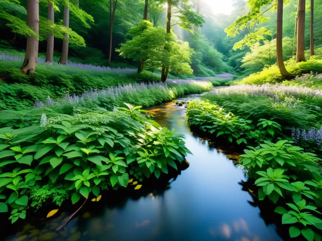 Un bosque exuberante lleno de vida, con árboles majestuosos y flores silvestres