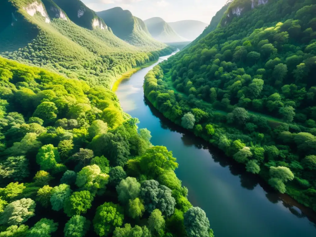 Un bosque exuberante con un río serpenteante y luz filtrada a través de la densa vegetación