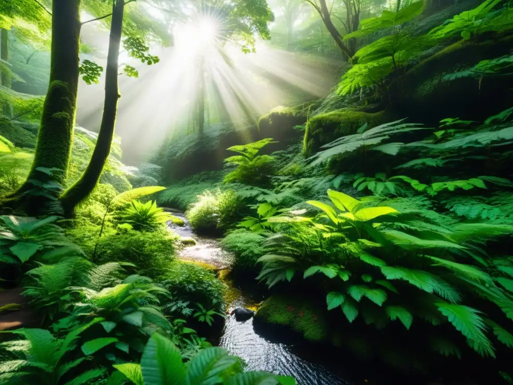 Un bosque exuberante y vibrante, con árboles majestuosos y una variedad de vida silvestre, transmite la filosofía ecológica en la poesía