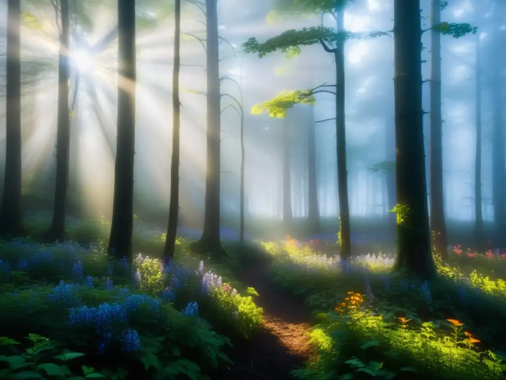 Bosque misterioso: luz vibrante entre la niebla Un bosque misterioso envuelto en niebla con rayos de sol iluminando flores silvestres