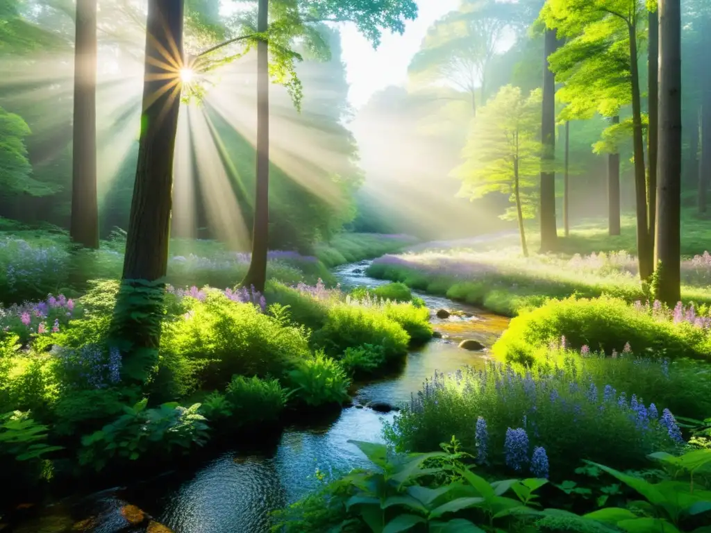 Un bosque sereno, árboles altos, flores silvestres, arroyo y vida silvestre