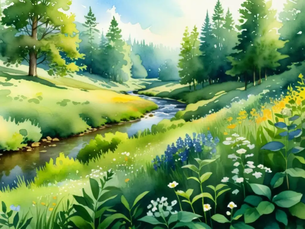Bosque sereno: ilustración acuarela detallada Un bosque sereno con flores silvestres y luz solar, ideal para un curso online de poesía sensorial
