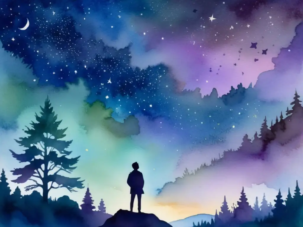 Un bosque tranquilo al anochecer, un poeta contempla el cosmos estrellado, en una armonía de poesía, exploración, naturaleza