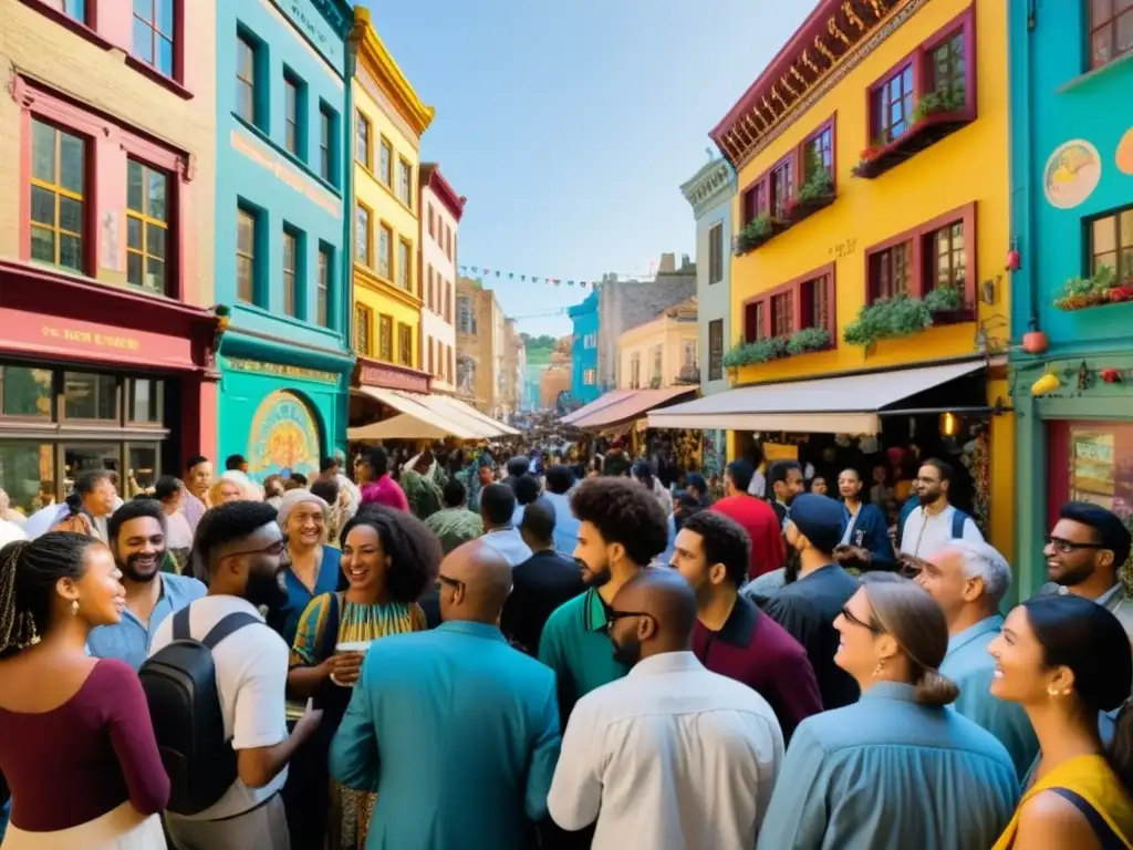 Una bulliciosa calle urbana llena de diversidad y poesía transcultural, uniendo voces y culturas en un impacto social