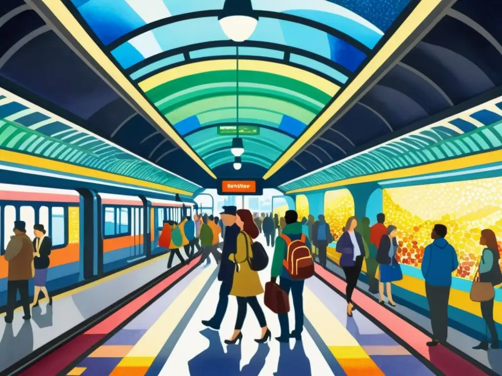 Un bullicioso metro con mosaicos y luz solar, reflejando la diversidad y movimiento