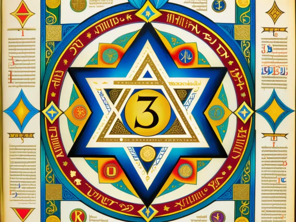 Poesía de la Cábala revelada: Manuscrito iluminado con símbolos místicos y poesía hebrea, colores vibrantes y detalles en pan de oro