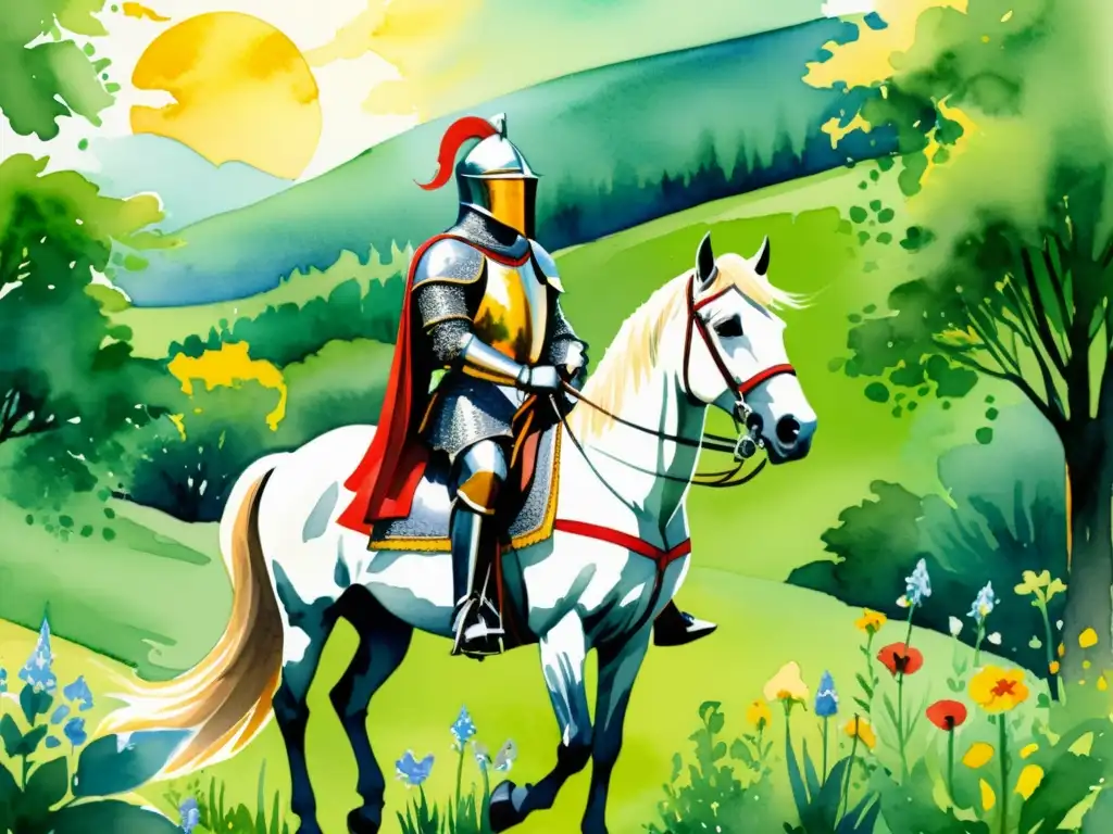 Un caballero medieval en armadura brillante cabalga con su estandarte en un prado verde con flores silvestres