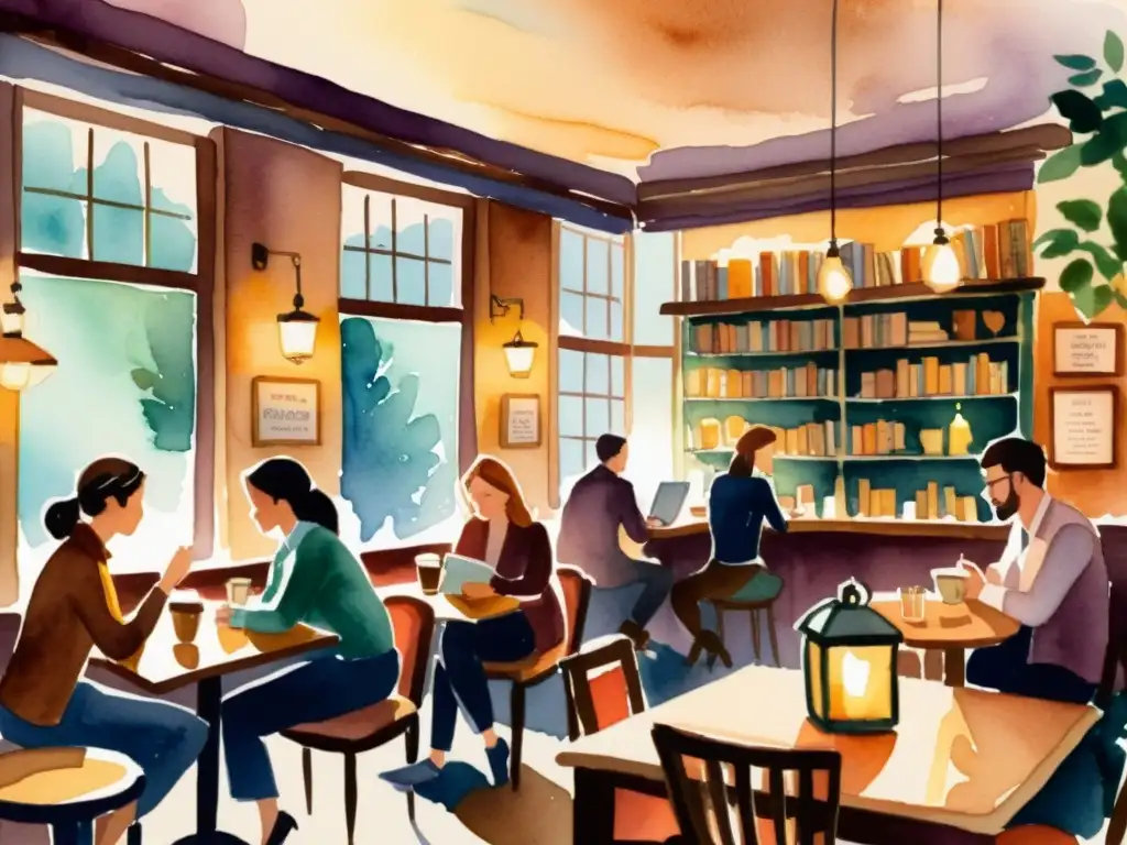 Un café acogedor iluminado por luces cálidas, donde la gente disfruta de libros de poesía y conversaciones animadas sobre tazas de café humeante