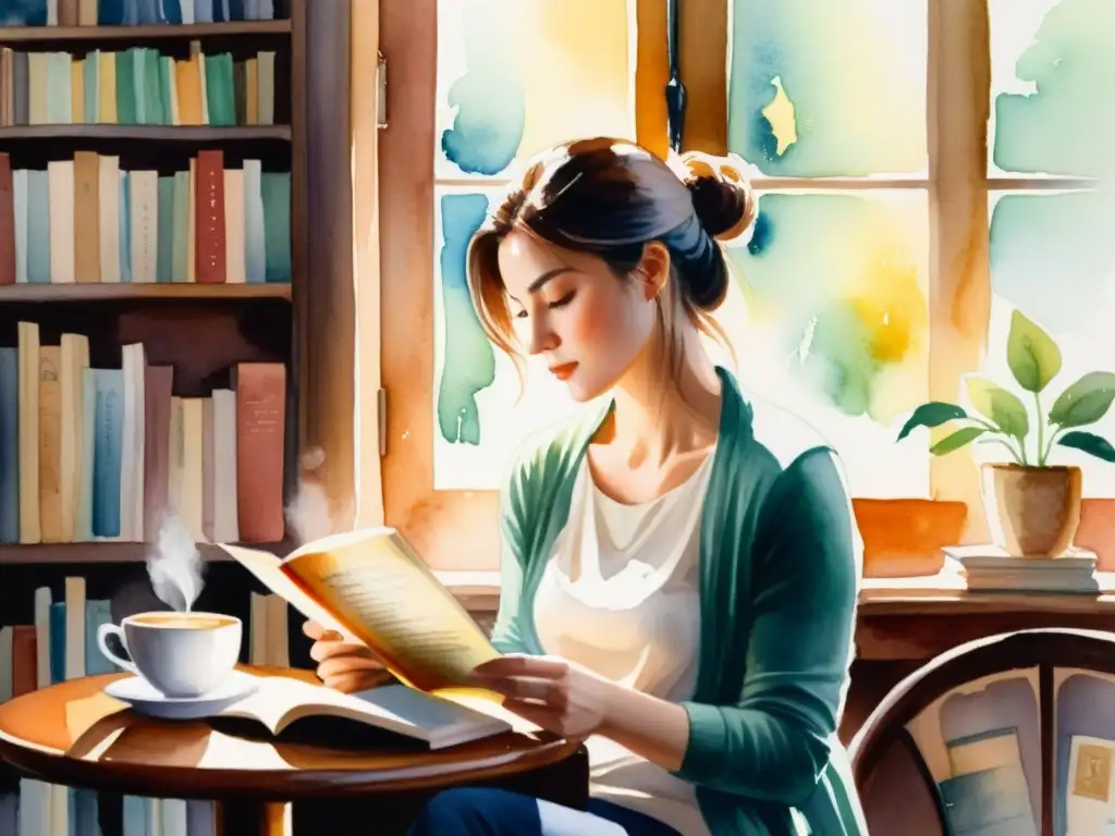 Un café acogedor con libros y café, luz suave y persona leyendo poesía