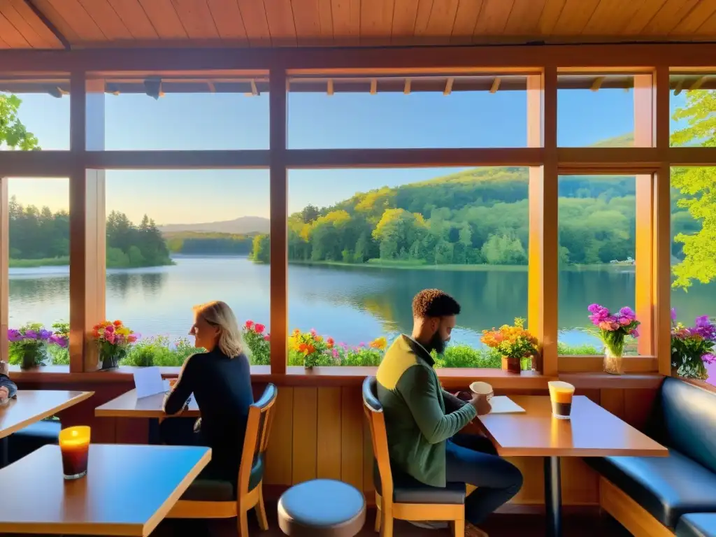 Un café acogedor con ventanas grandes que dan a un lago tranquilo, rodeado de árboles verdes y flores coloridas