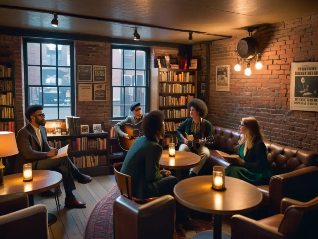 Un café bohemio subterráneo, lleno de poetas beatnik recitando versos apasionados en un escenario