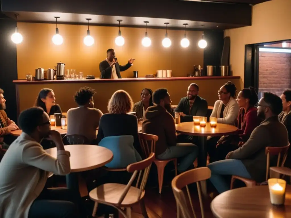 Un café íntimo iluminado con luz dorada, gente disfrutando eventos de slam poetry