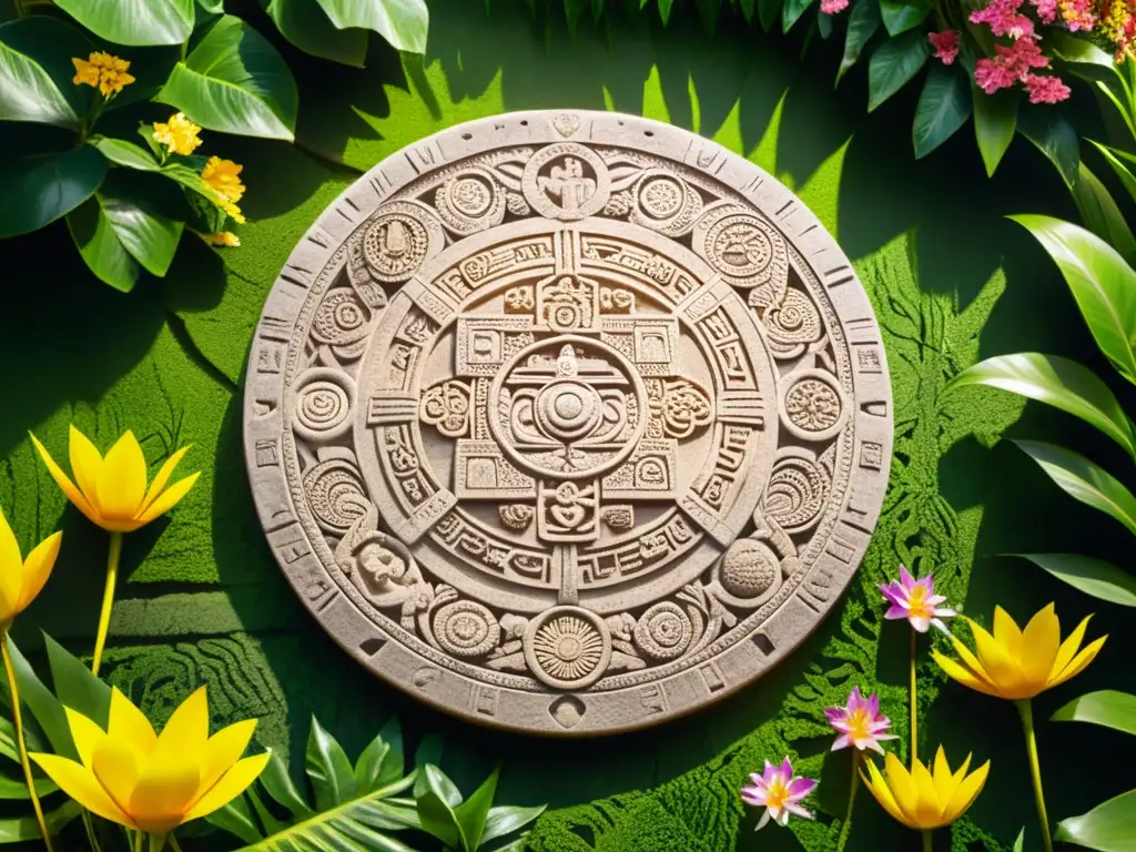 Calendario maya de piedra tallada, iluminado por el sol, rodeado de flores tropicales y exuberante vegetación