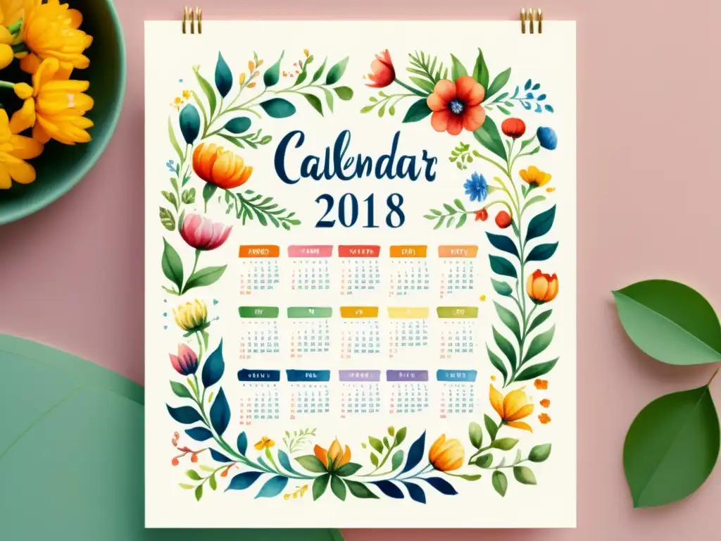 Calendarios poéticos para marcar días: Ilustración acuarela detallada de un calendario poético único, con versos y patrones florales