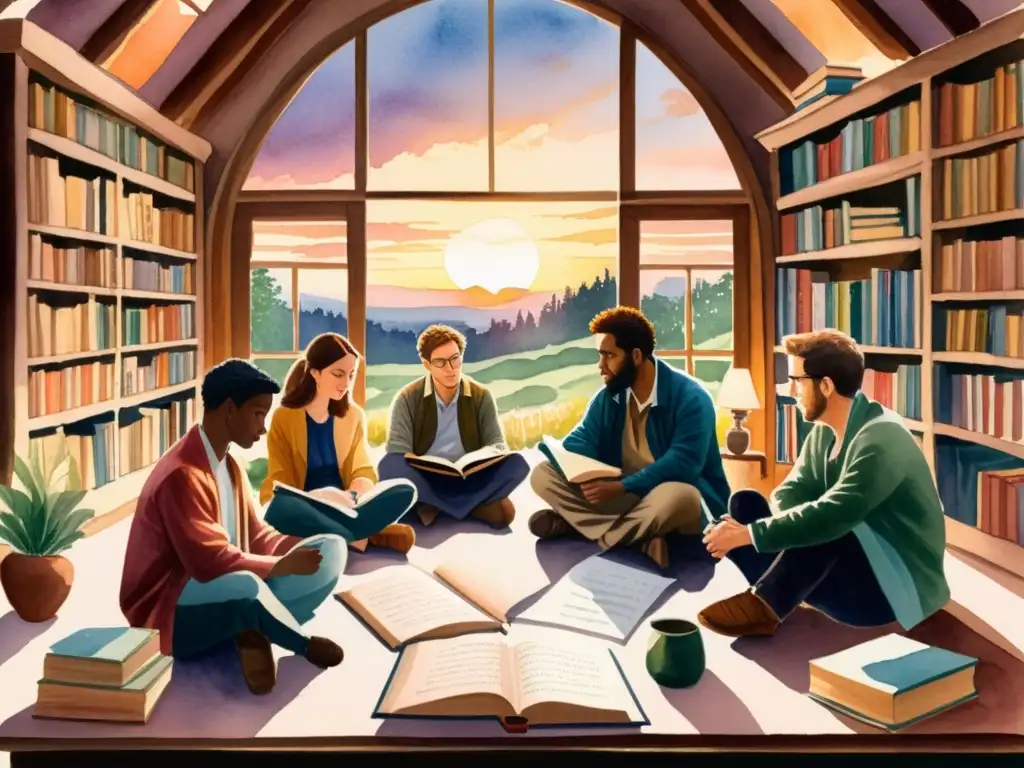 Un cálido atardecer inunda la habitación, donde un grupo de poetas se reúne para inspirarse y escribir, rodeados de libros y materiales de escritura