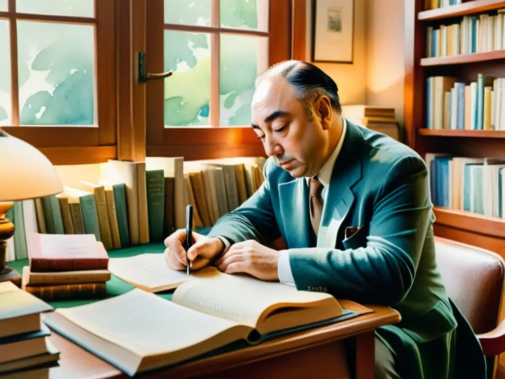 Pablo Neruda escribiendo 'Canto General' en su escritorio, rodeado de libros y papeles