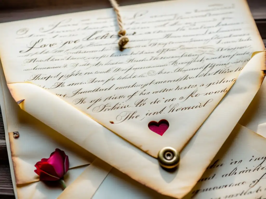 Carta de amor antigua con detalles florales y sello de cera, evocando romance atemporal