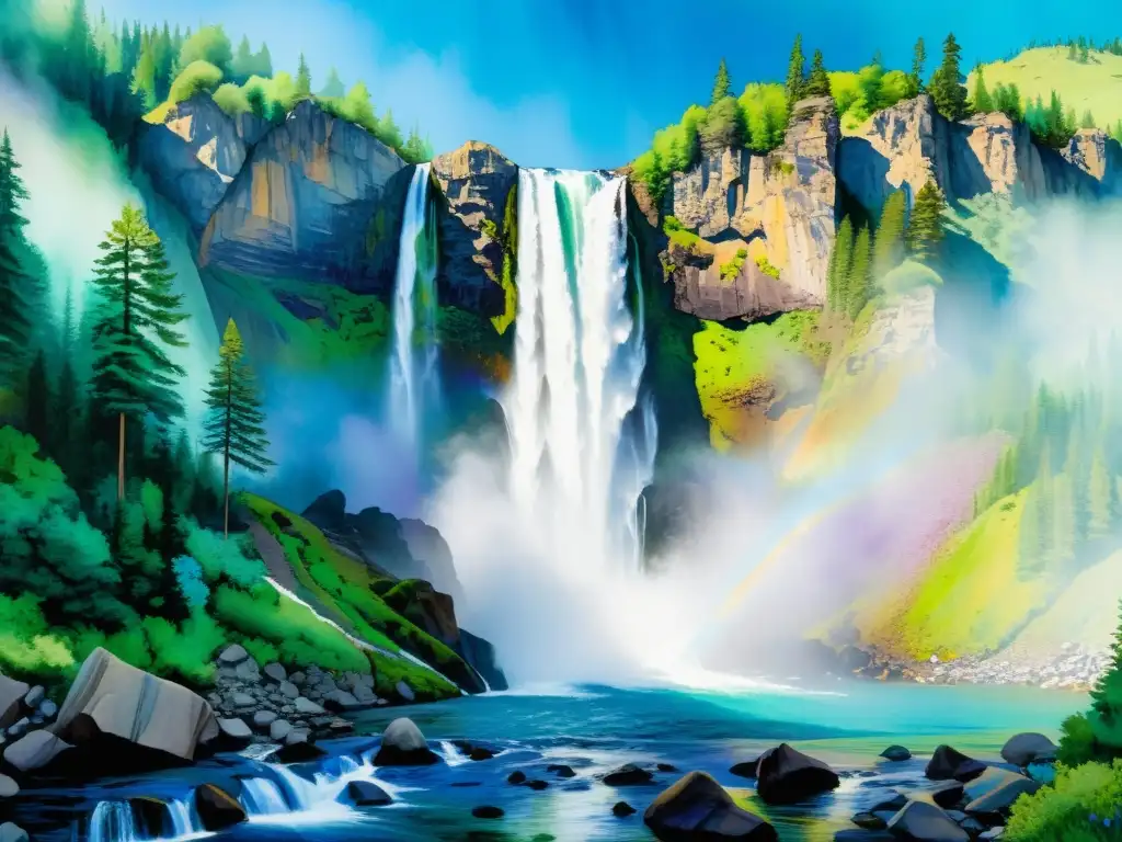 Una cascada de acuarela con tonos vibrantes de azul, verde y púrpura, evocando poesía concreta en animaciones GIF