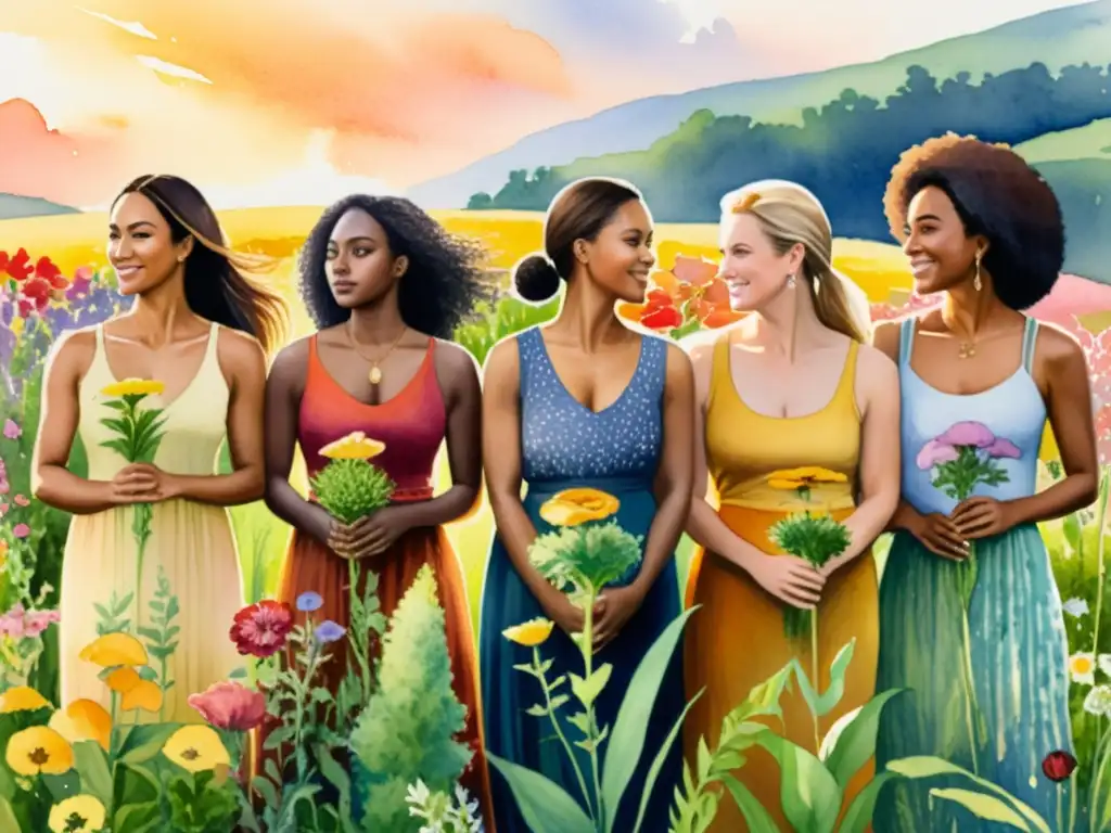 Un cautivador cuadro de acuarela presenta a un grupo diverso de mujeres sosteniendo flores diferentes en un campo de flores silvestres